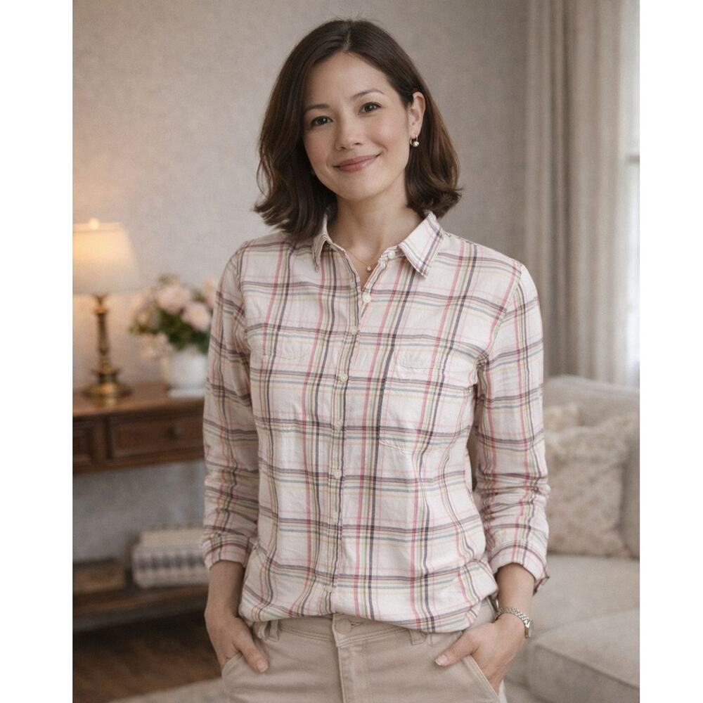 LOFT Pastel Plaid Button Down Shirt Petite XSP Cotton Modal Preppy Spring Casual